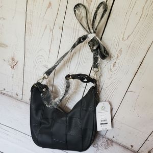 Time and Tru women's vinyl Alice crossbody bag black patchwork